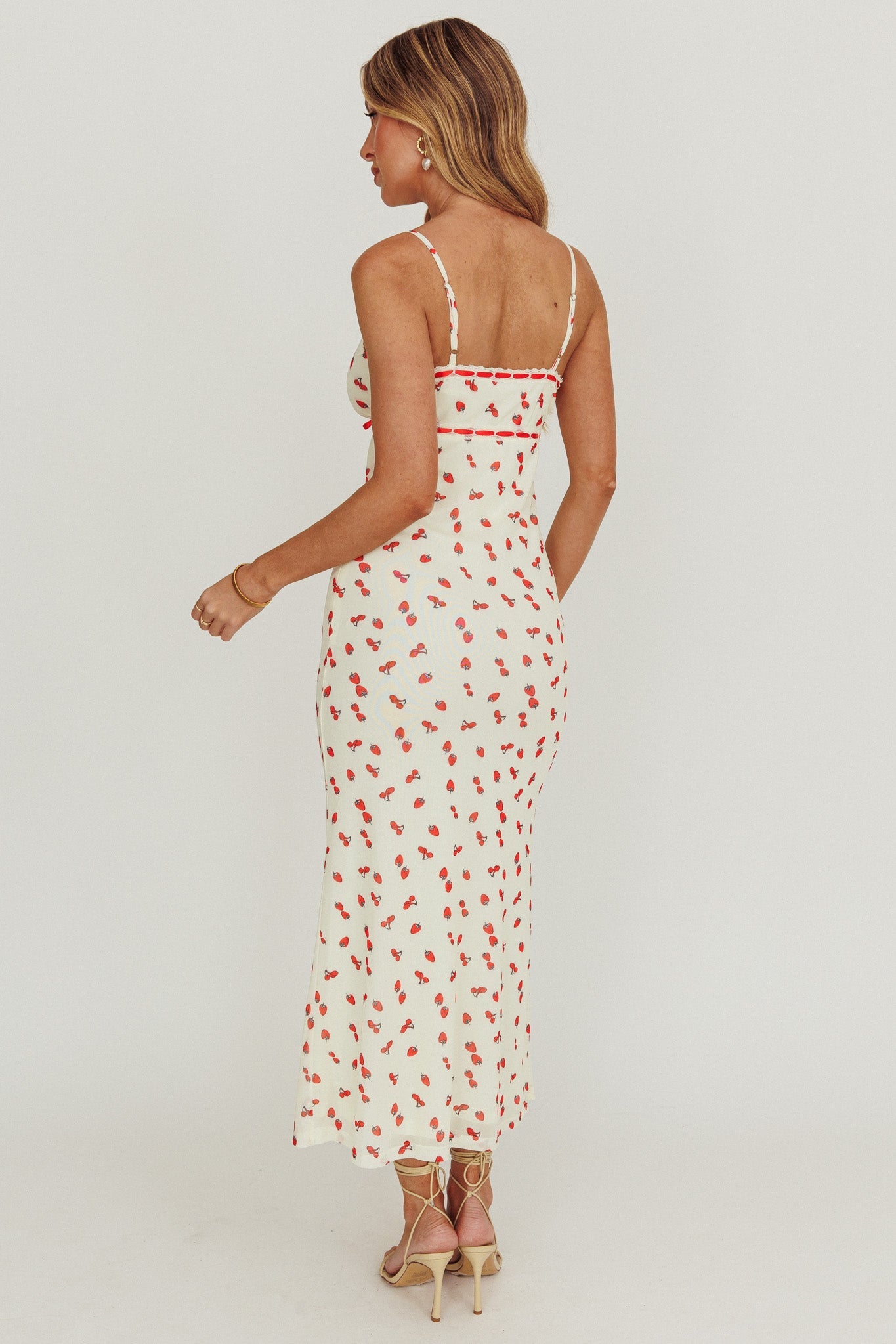 Heart Ablaze Strawberry Cherry Print Midi Dress Cream