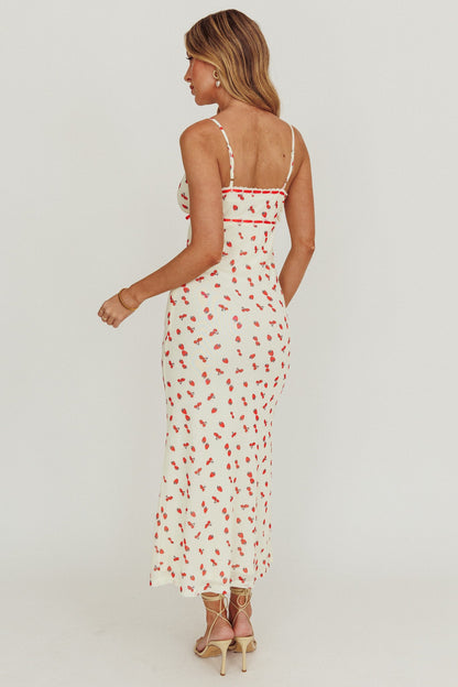 Heart Ablaze Strawberry Cherry Print Midi Dress Cream