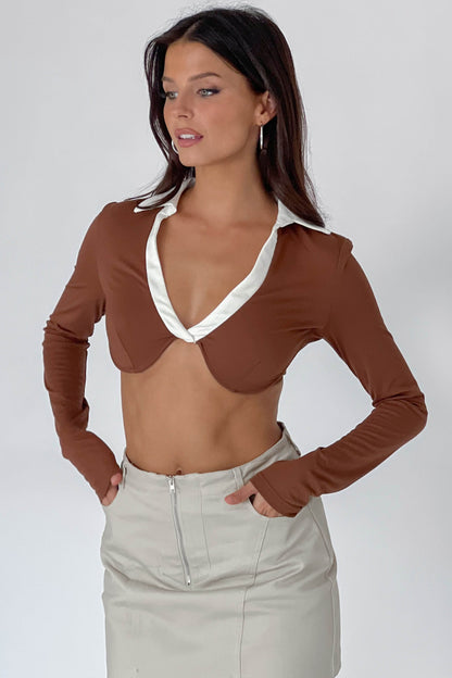 Mic Drop Collared Crop Top Chocolate