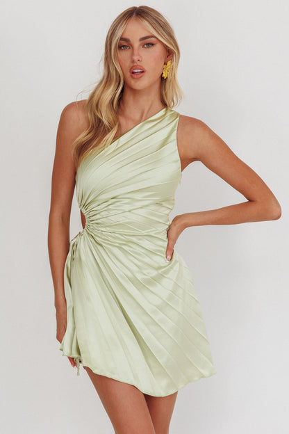 Glow Ray One-Shoulder Pleat Dress Apple