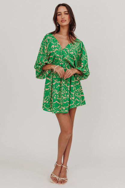 Sugar Coat Print Puff Sleeves Mini Dress Green
