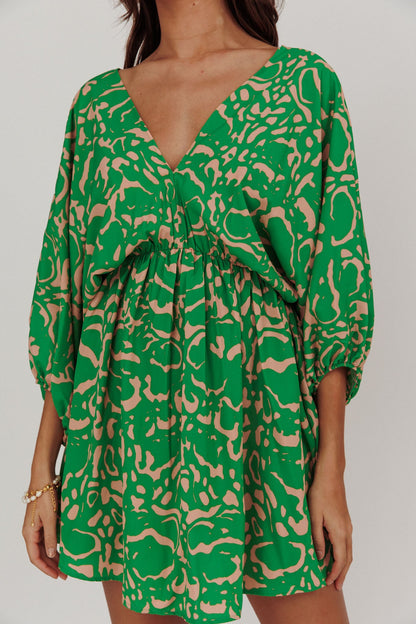 Sugar Coat Print Puff Sleeves Mini Dress Green
