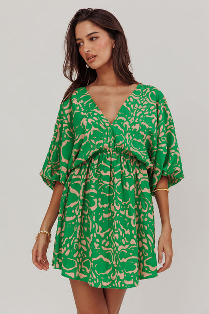 Sugar Coat Print Puff Sleeves Mini Dress Green