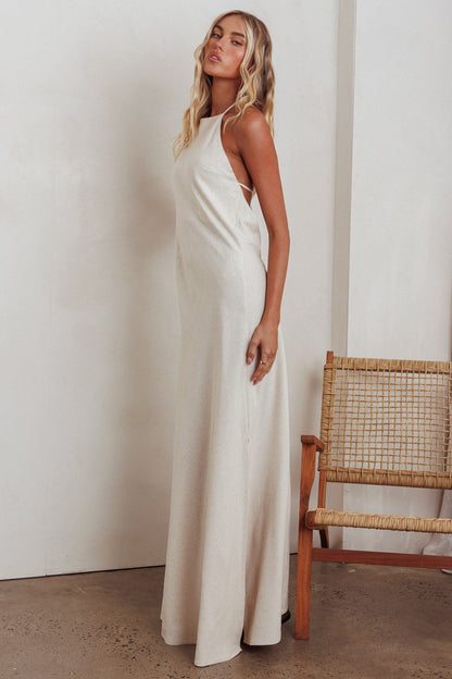 Gracie Halter Tied Back Maxi Dress Oatmeal