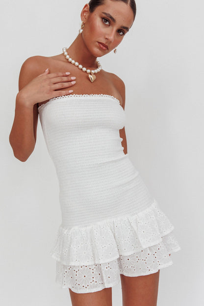 Dream Time Strapless Shirred Mini Dress Off White