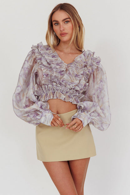 Forever Young Balloon Sleeves Cropped Blouse Purple Multi