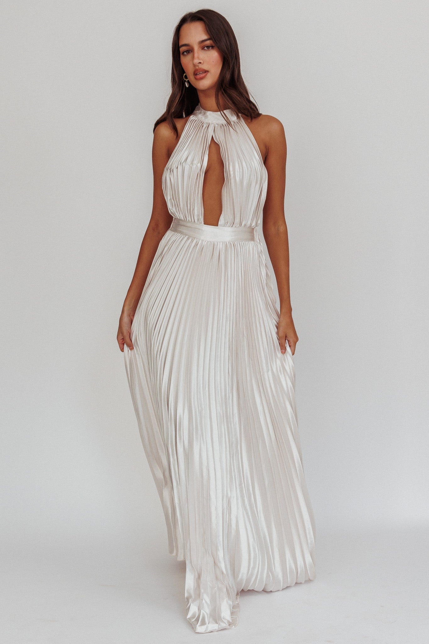 Monarch Pleated Satin Maxi Dress Champagne