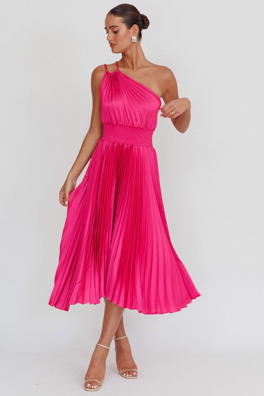 Calissa One Shoulder Pleated Midi Dress Magenta