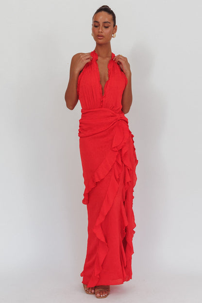 Libre Plunging Halter Ruffle Maxi Dress Red