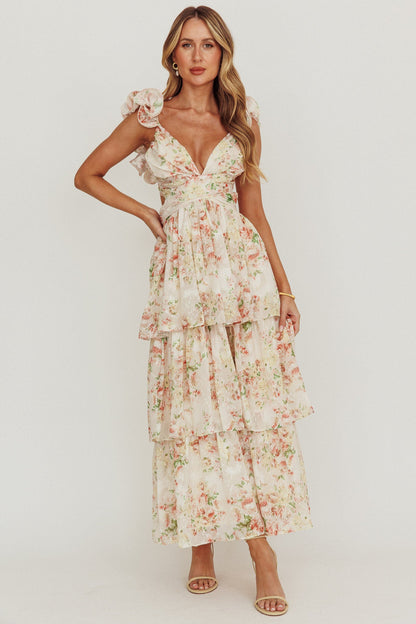 Roselle Backless Ruffle Maxi Dress Floral Multi
