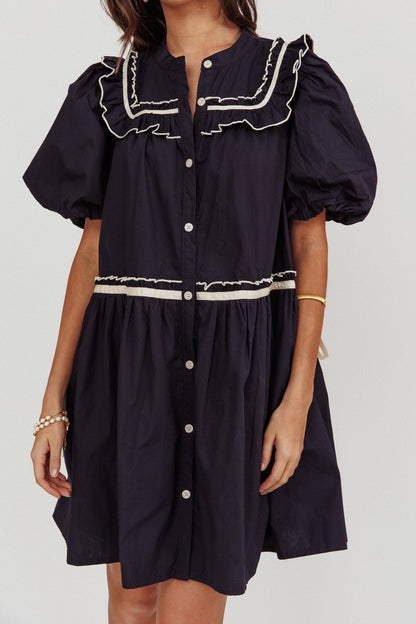 Late Spring Puff Sleeves Ruffle Mini Dress Navy