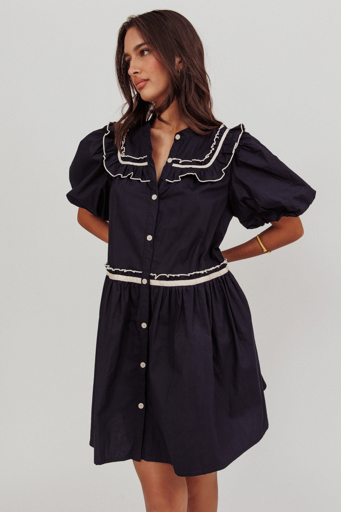 Late Spring Puff Sleeves Ruffle Mini Dress Navy