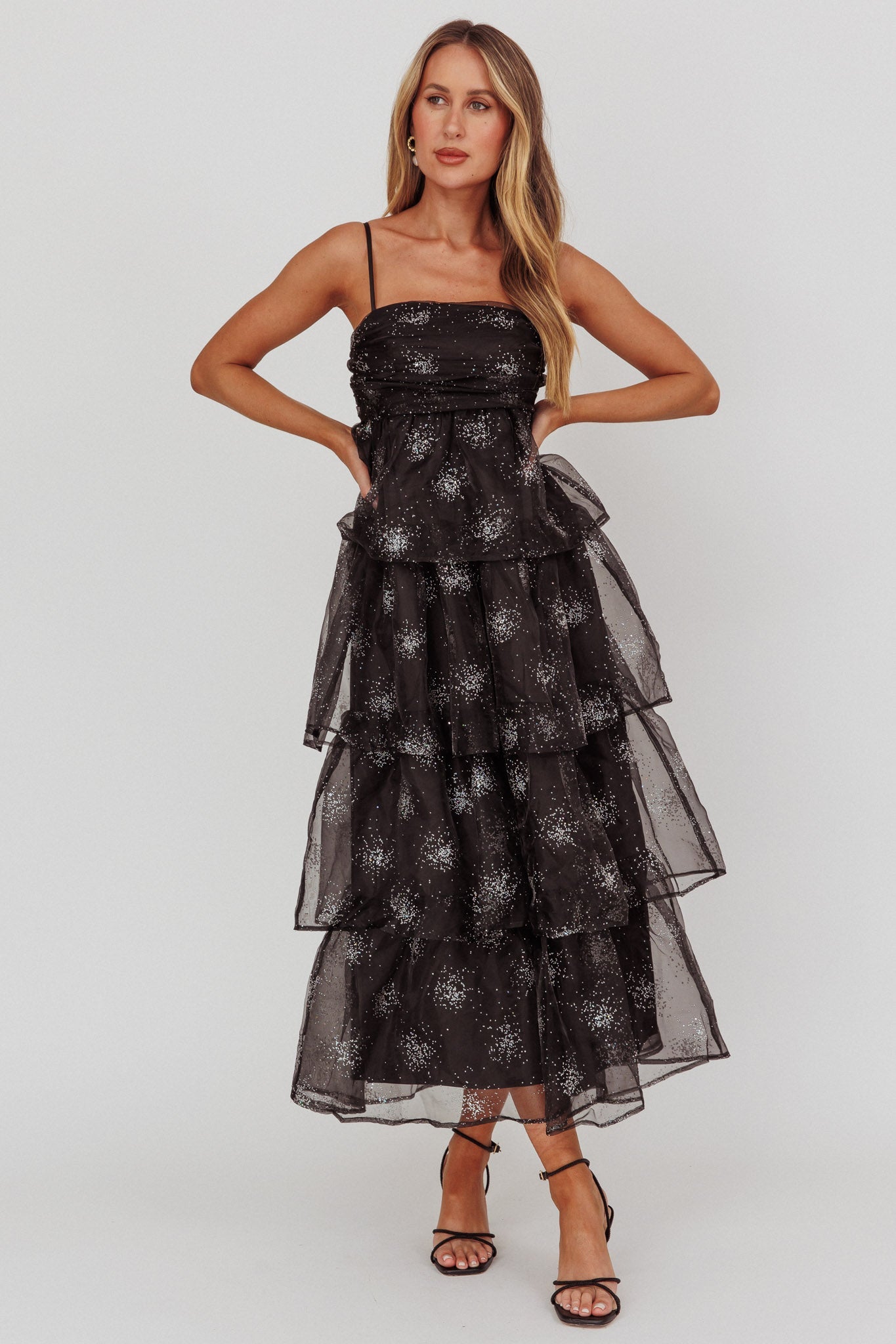 Morina Tiered Maxi Dress Glitter Black