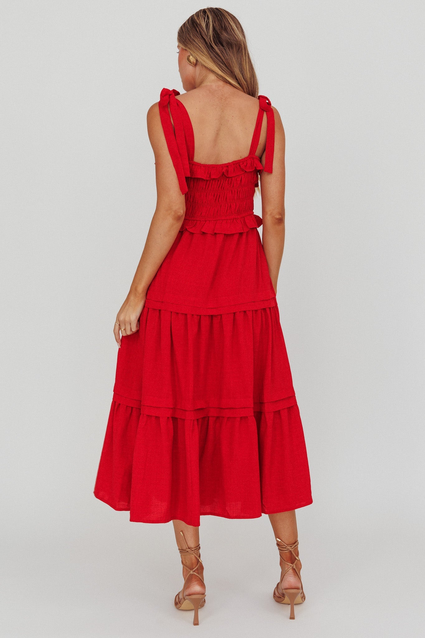 Paprika Tied Shoulder Shirred Midi Dress Red