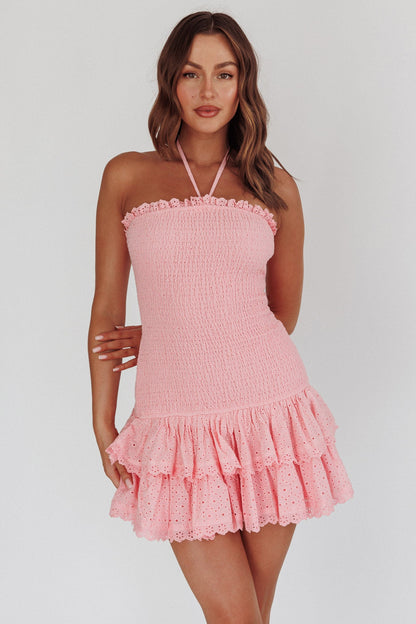 Franni Shirred Drop Waist Mini Dress Pink