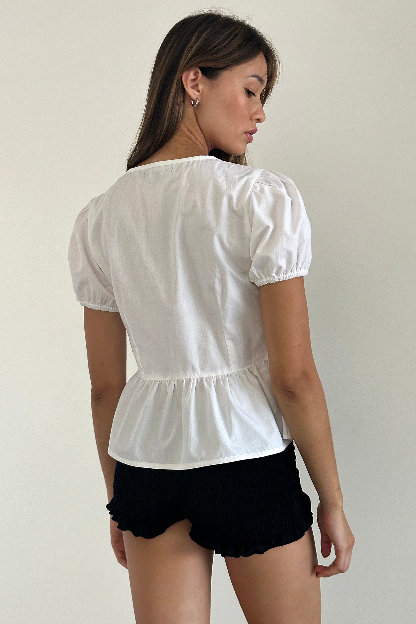 Scandi Puff Sleeve Tie Front Top White