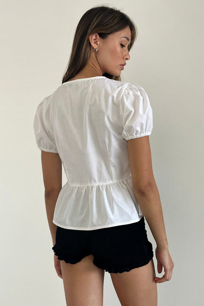 Scandi Puff Sleeve Tie Front Top White