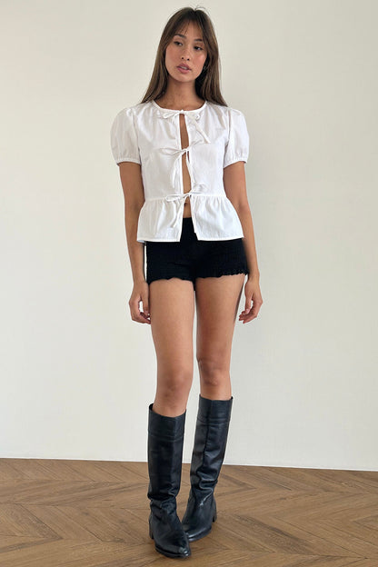 Scandi Puff Sleeve Tie Front Top White