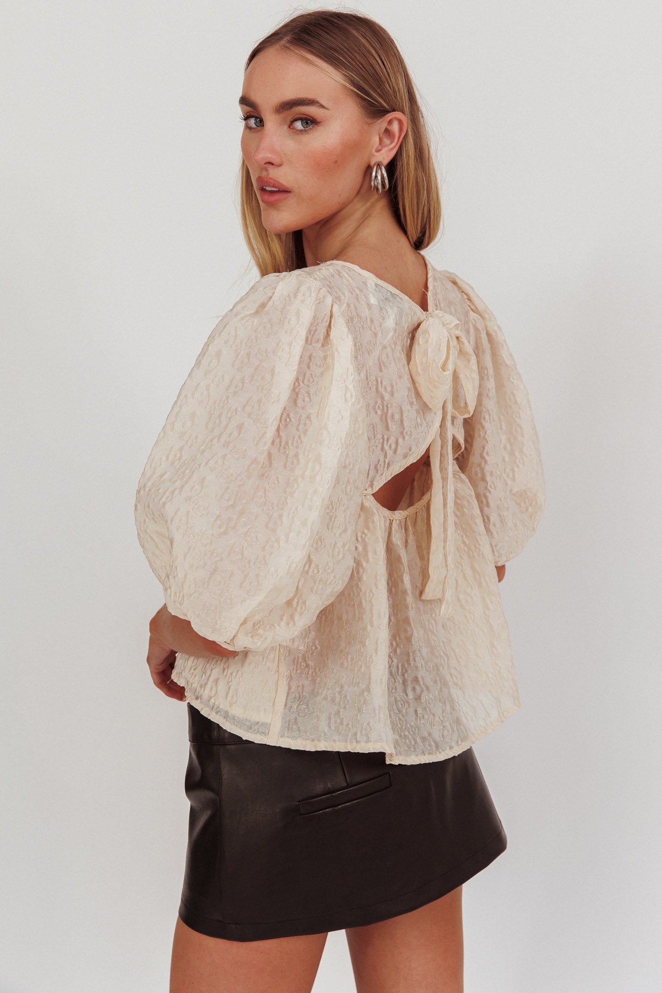 Beside You Puff Sleeves Tied Back Top Cream