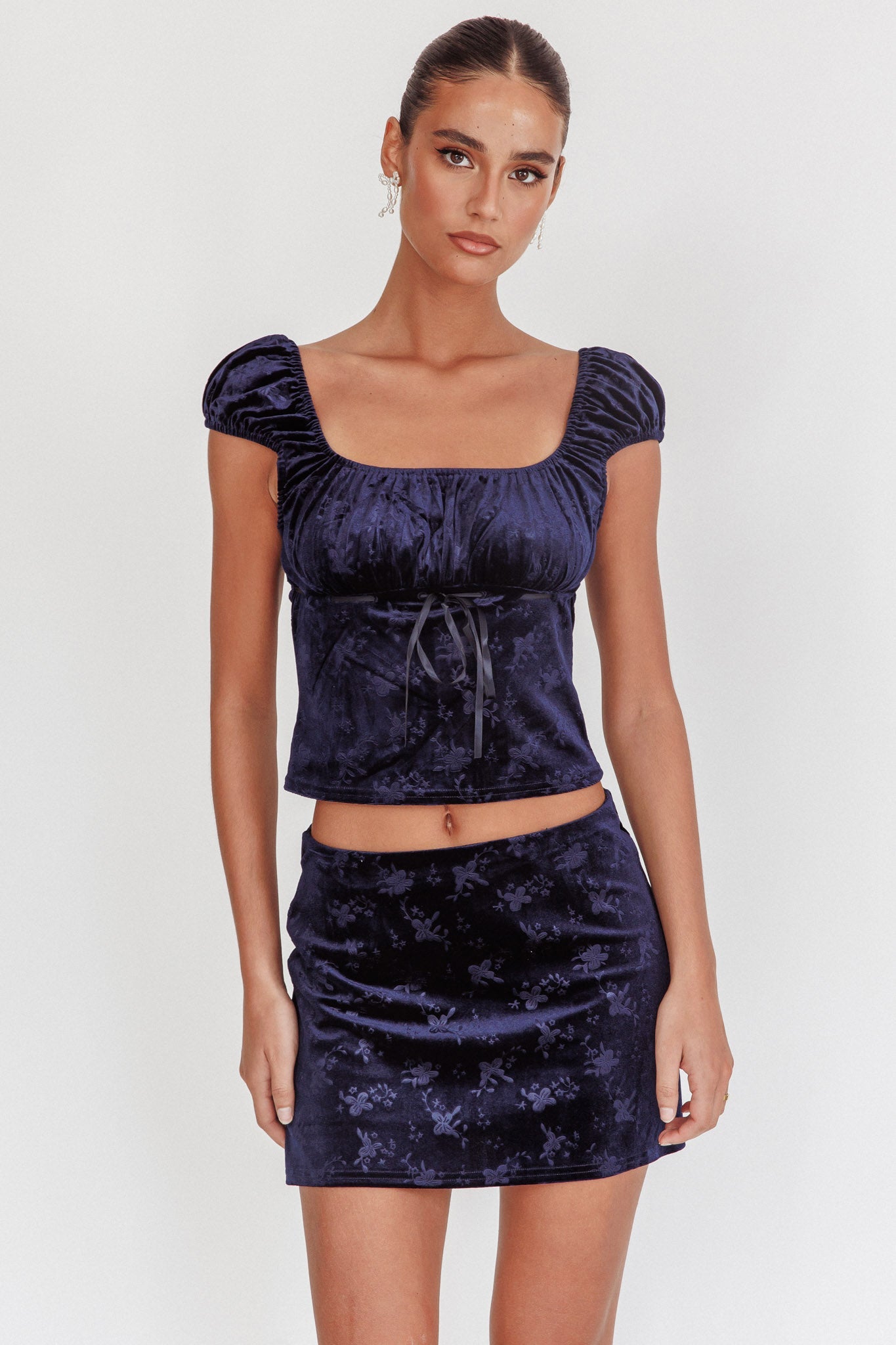 Good Luck Ribbon Trim Velvet Top Navy