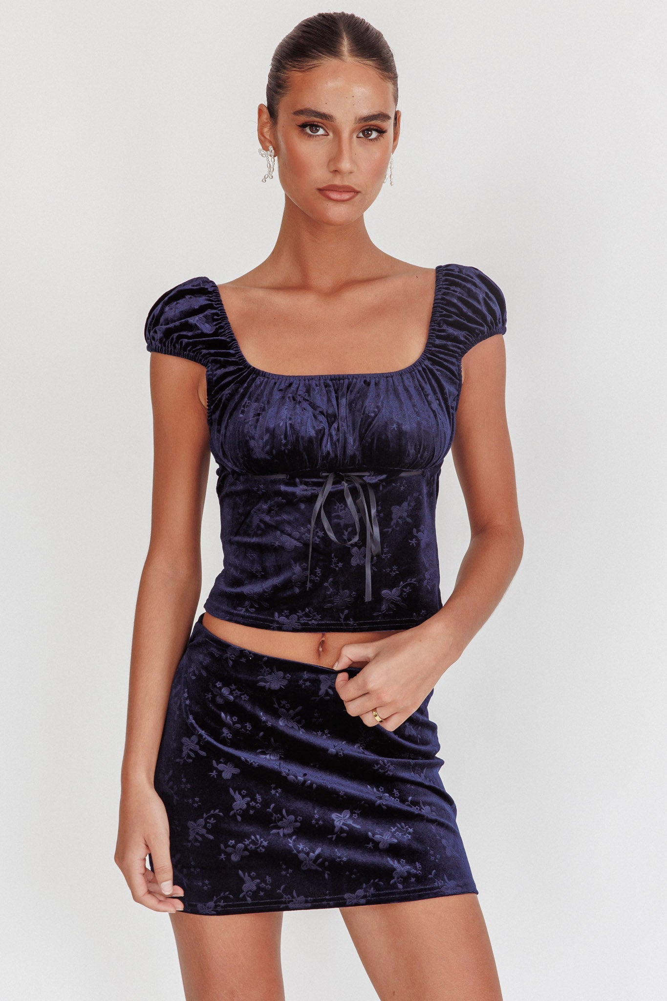 Good Luck Ribbon Trim Velvet Top Navy