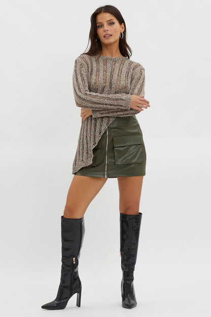 Evergreen Asymmetrical Hem Ribbed Knit Top Khaki