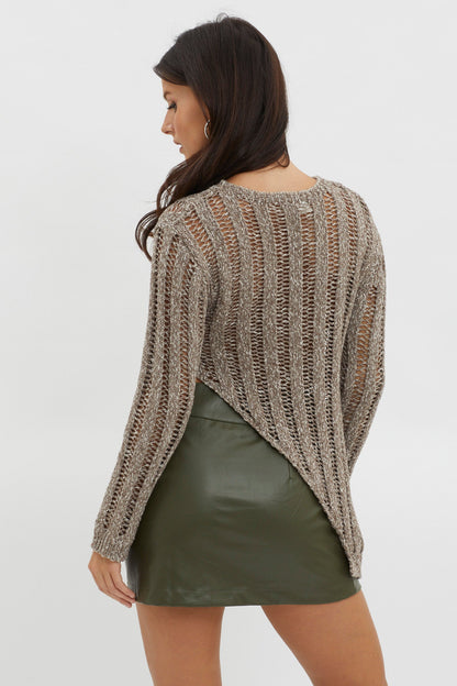Evergreen Asymmetrical Hem Ribbed Knit Top Khaki