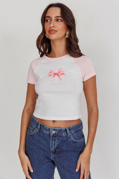 Melting Hearts Bow Raglan Tee White/Pink
