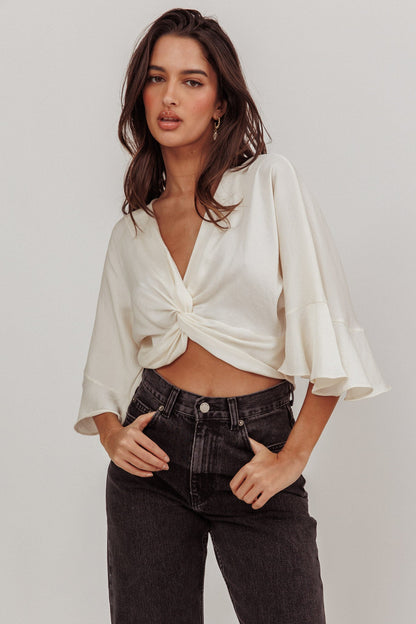 Rejoice Flounce Sleeve Knot Top Ivory