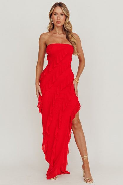 Just Friends Strapless Ruffle Maxi Dress Red