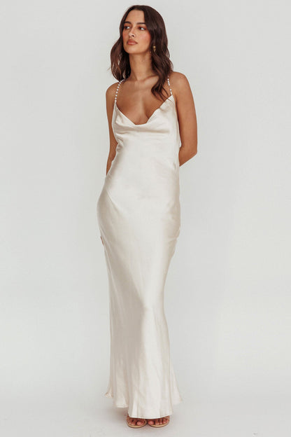 Danijela Cowl Neck Pearl Satin Maxi Dress Champagne
