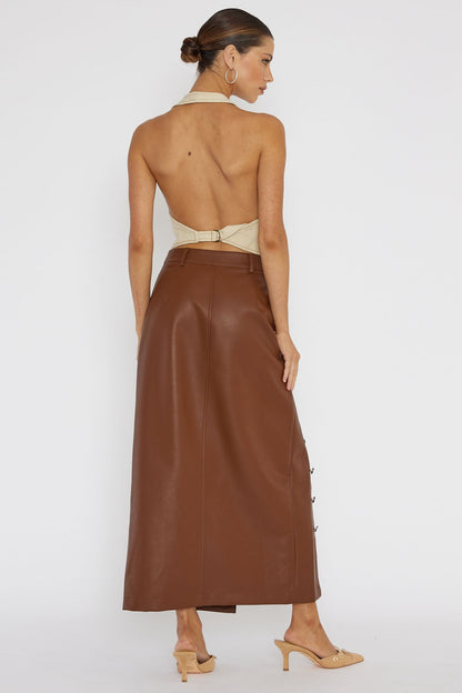 Angelica Button-Up Faux Leather Midi Skirt Brown