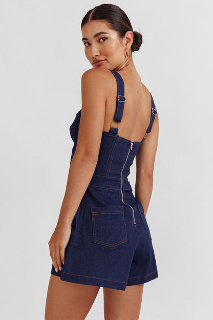 Tease Me Sweetheart Neckline Denim Romper Indigo