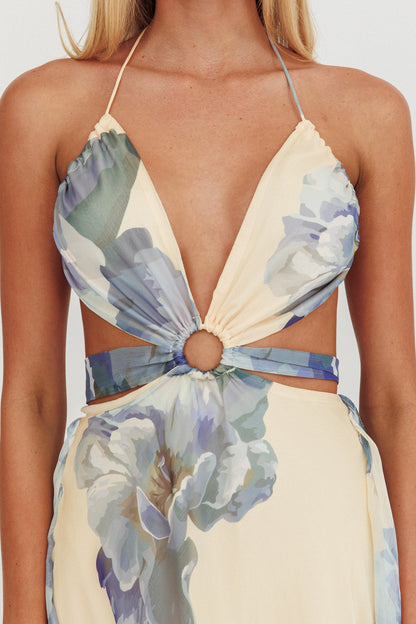 Samia Cut-Out Halterneck Maxi Dress Beige/Blue