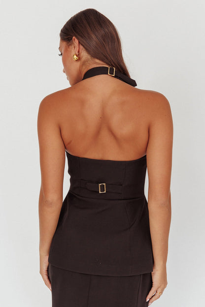 Tammi Button Front Halter Top Black