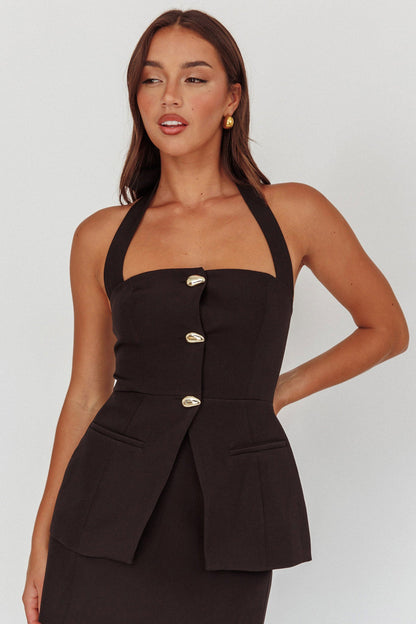 Tammi Button Front Halter Top Black