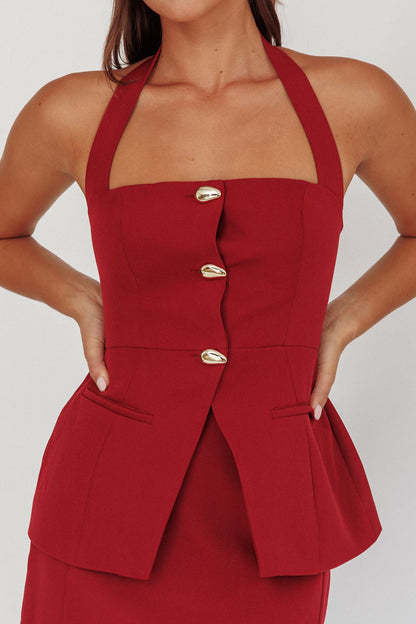 Tammi Button Front Halter Top Cherry