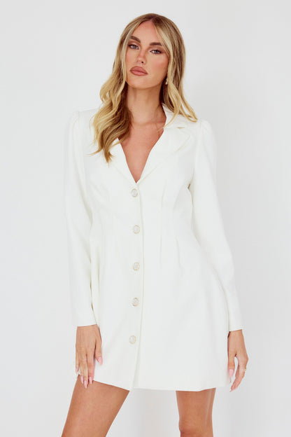 Miracle Button Front Pintuck Mini Dress White