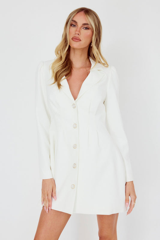 Miracle Button Front Pintuck Mini Dress White