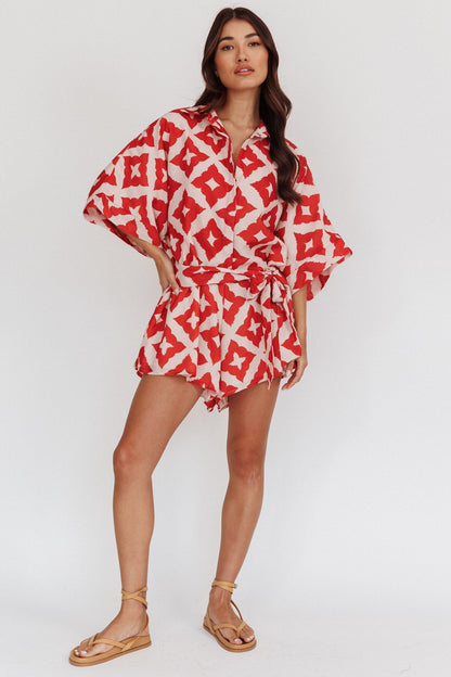 Daytona Beach Button-Up Romper Print Burgundy