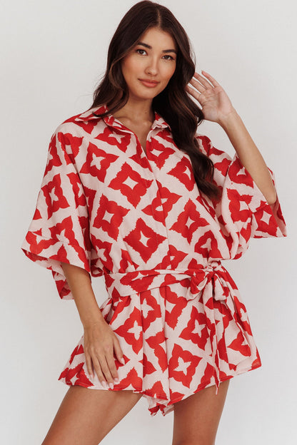 Daytona Beach Button-Up Romper Print Burgundy