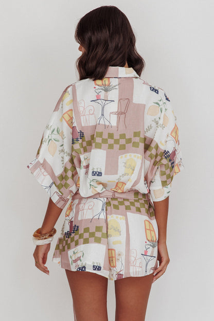 Daytona Beach Button-Up Romper Euro Print Olive