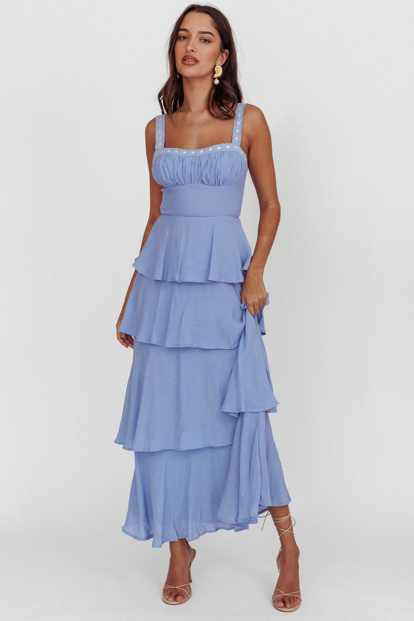 Provence Bloom Tiered Ruffle Maxi Dress Blue