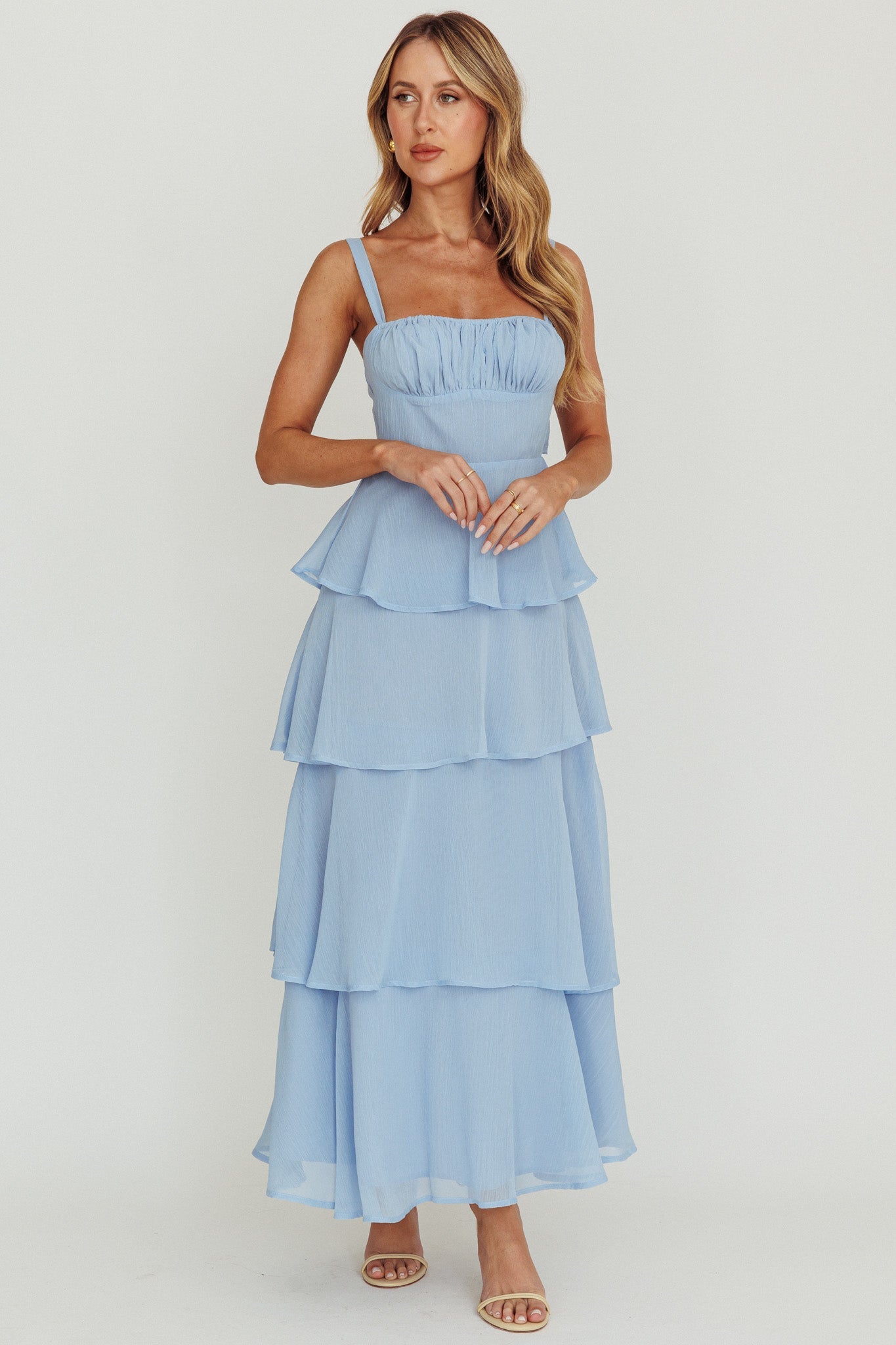 Provence Bloom Tiered Ruffle Maxi Dress Sky Blue