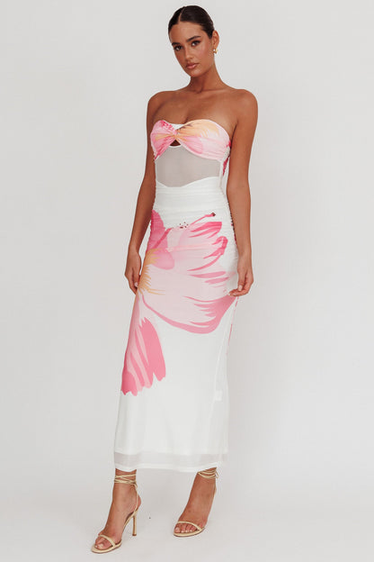 Oliana Sheer Waist Floral Maxi Dress White