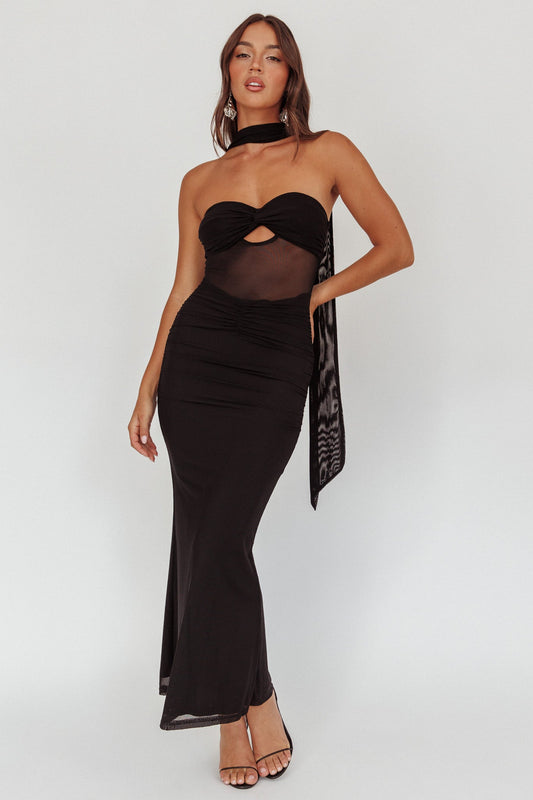 Oliana Strapless Mesh Maxi Dress Black