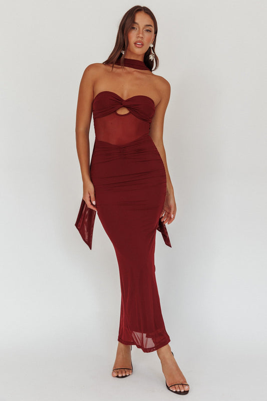 Oliana Strapless Mesh Maxi Dress Wine