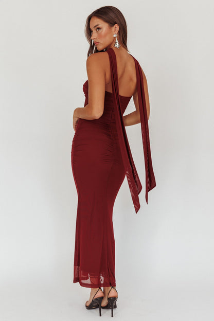 Oliana Strapless Mesh Maxi Dress Wine