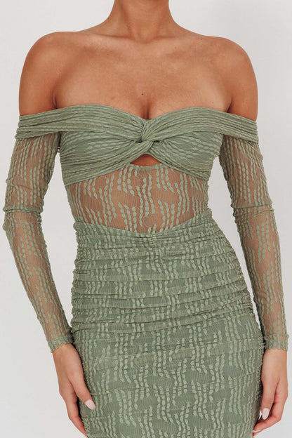 Oliana Off-Shoulder Mesh Maxi Dress Fern