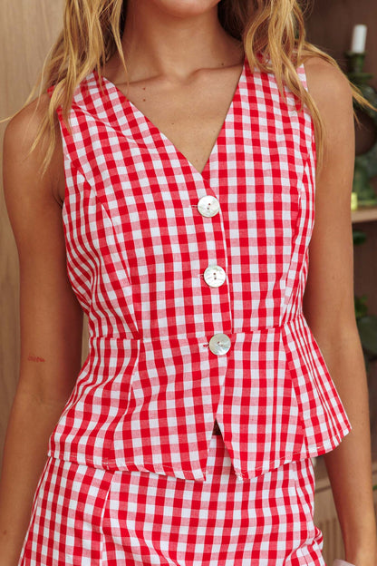 Philomena Button Front Vest Top Gingham Red